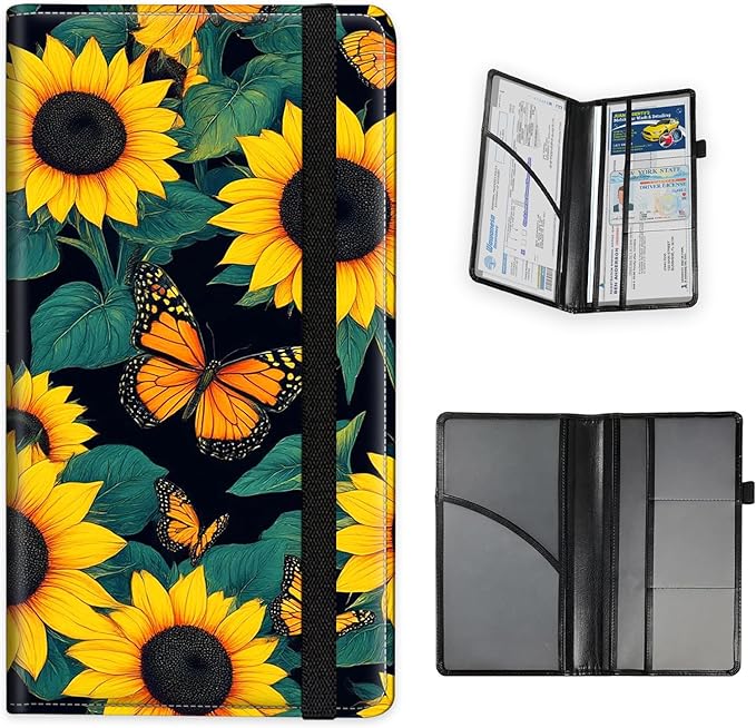 Tudguiloae Car Registration and Insurance Card Holder, Trunk Document Holder Organizer, Essential Vehicle Glove Box Organizer PU Leather Wallet for Driver,Sunflower Butterfly Pattern