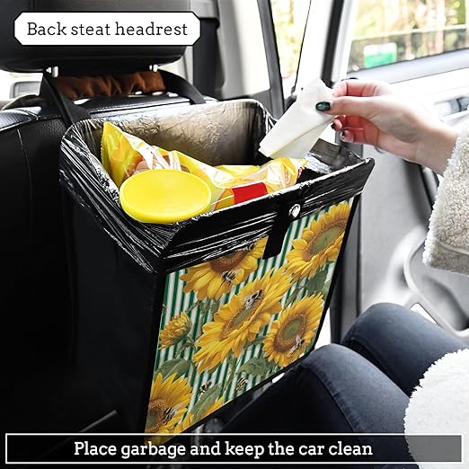 Car Trash Can Organizer Bin with Adjustable Strap for Back Front Seat Console Waterproof Leakproof Collapsible Portable 8.66 Inch Green Striped Sunflowers and Honey Bees