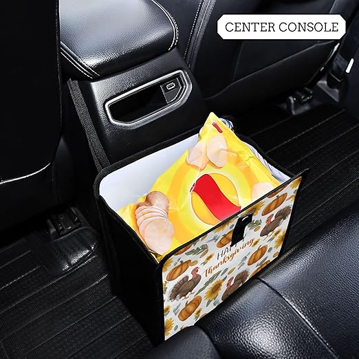 Car Trash Can Organizer Bin with Adjustable Strap for Back Front Seat Console Waterproof Leakproof Collapsible Portable 11 Inch Thanksgiving Turkeys Sunflowers White