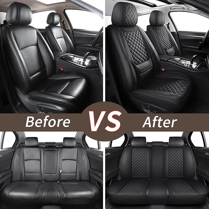 hoozoom Leather Car Seat Covers Full Set Breathable Automotive Seat Covers Waterproof Seat Protectors Universal Fit for Most Automotive Cars SUV Trucks Van (Black, Full Set)