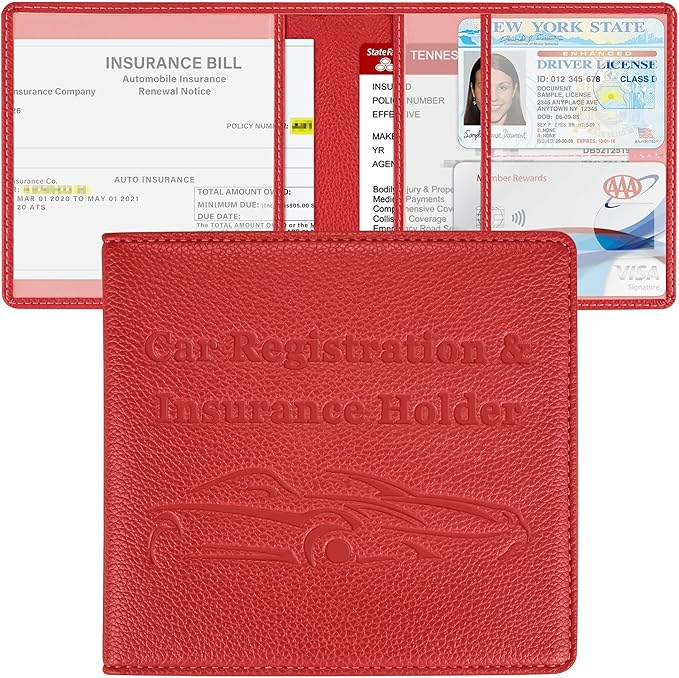 New Fashion Kingdom Car Registration and Insurance Holder, Premium PU Leather Vehicle Glove Box Car Organizer Men Women Wallet Accessories Case for ID, Driver's License - Red