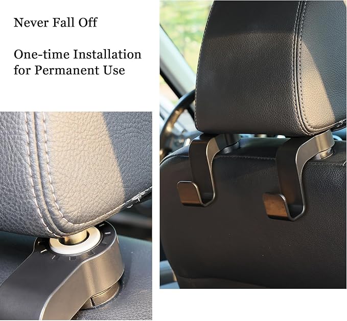 Amooca Car Seat Hooks Anti-Drop Headrest Storage Hanger Universal Fit Automotive Organizer for Purse Bag Coat Black 2 Pack