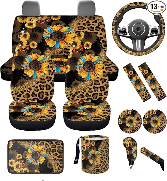 Dngkaoje Leopard Sunflower Car Seat Covers Full Set 13 Pcs Hippie Sunflower Car Accessories Set with Hanging Trash Can,Seatbelt Shoulder Pads,Steering Wheel Covers,Fit for Most Truck SUV