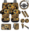 Dngkaoje Leopard Sunflower Car Seat Covers Full Set 13 Pcs Hippie Sunflower Car Accessories Set with Hanging Trash Can,Seatbelt Shoulder Pads,Steering Wheel Covers,Fit for Most Truck SUV
