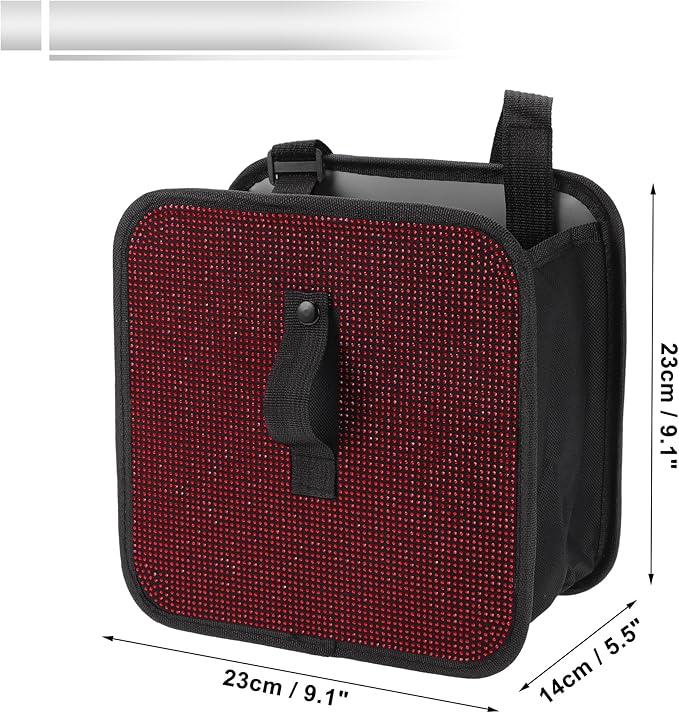 1 Pcs Universal Car Trash Can Hanging 9.1" Length 5.5" Width 9.1" Height Trash Bin Red Black Fabric Rhinestone