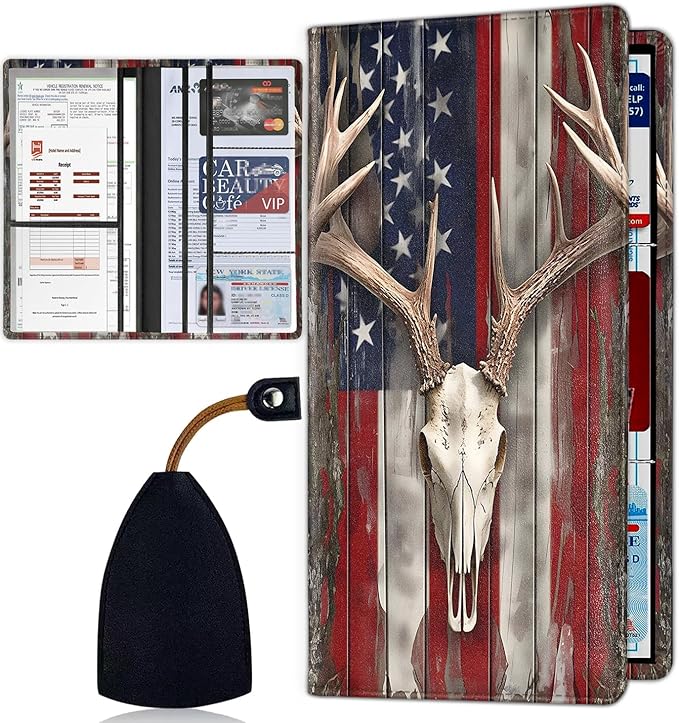 Car Registration and Insurance Card Holder for Women Men, Waterproof PU Leather Glove Box Car Organizer with Magnetic Shut, Vehicle Document Holder for Driver License,Cards, American Flag Deer Skull