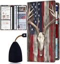 Car Registration and Insurance Card Holder for Women Men, Waterproof PU Leather Glove Box Car Organizer with Magnetic Shut, Vehicle Document Holder for Driver License,Cards, American Flag Deer Skull