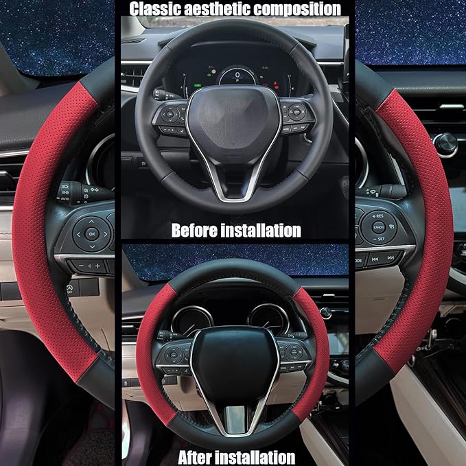 Mihecor Steering Wheel Cover Standard Size 14.5-15 inch, Non-Slip Car Wheel Cover Protector, Breathable Microfiber Leather, Black and Red