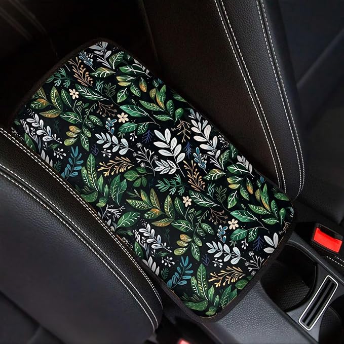 Green Plant Print Armrest Cover for Car Center Console Cover Soft Arm Rest Cover for Most Car,SUV,Universal Fit Car Accessories