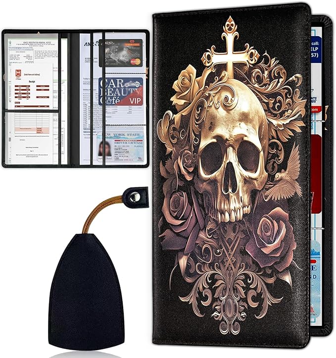 Car Registration Holder, Waterproof PU Leather Vehicle Card Document Glove Box Organizer, Women Interior Auto Accessories Case for Cards, Driver License Car Insurance Holder, Skull and Flower Pattern
