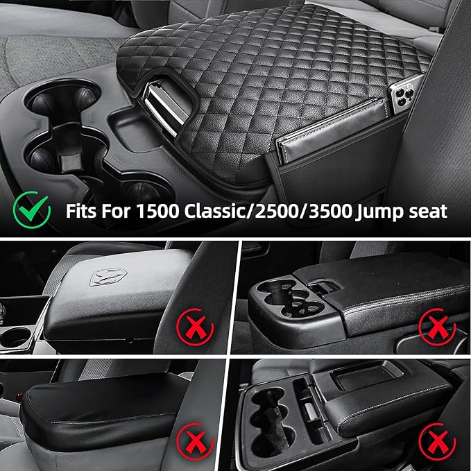 Center Console Cover Fit for 2013-2018 Dodge Ram 1500 & 2013-2024 Ram 2500/3500/1500 Classic Model for Jump Seat Console, Comfortable Armrest Pad, Middle Console Cover with 2 Side Pockets