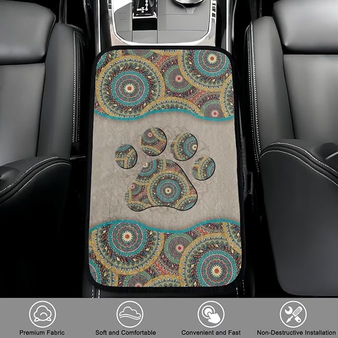 Bulopur Boho Dog Paw Prints Auto Armrest Console Accessories Flannel Center Console Cover Warmth Car Console Covers Protect from Pet Claws Fit Most Car, Truck, SUV, or Van