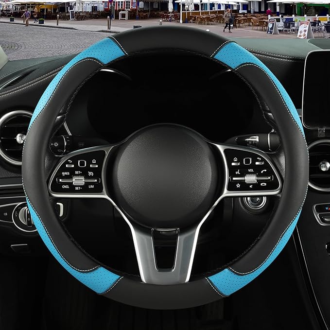 Binsheo Microfiber Leather Steering Wheel Cover, Breathable, Anti Slip, 13.5 inch to 14 inch, Black with Blue