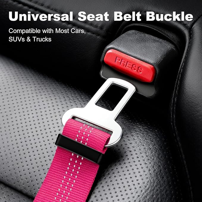 APakBak Dog Seat Belt for Car, Adjustable Dog Car Harness Seatbelt for Small Medium Large Dogs, Heavy Duty Travel Safety Restraint with Locking Aluminum Hook & Reflective Nylon Strap, Pink