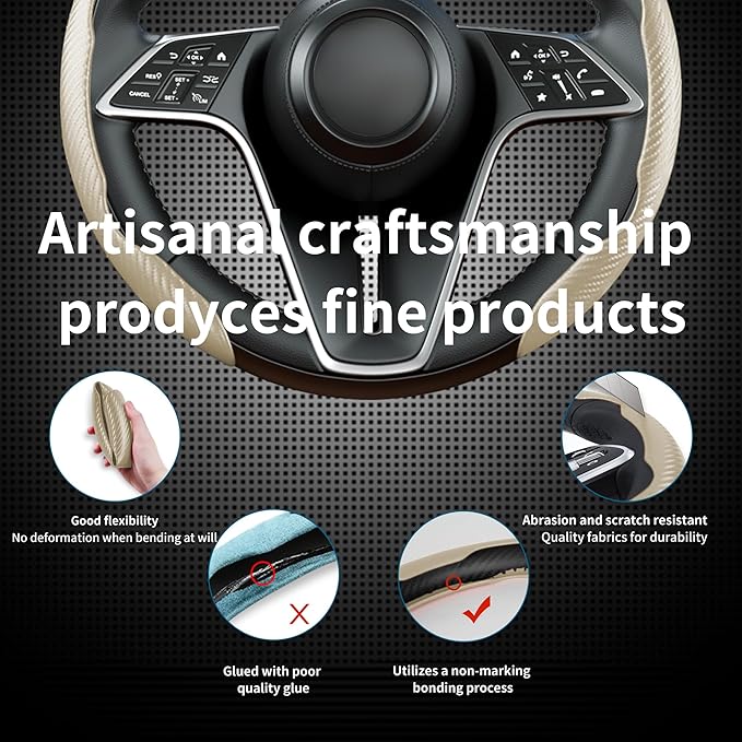 LevChall Carbon Fiber Steering Wheel Cover, 3-Piece Set Anti-Skid Comfortable Grip Segmented Butterfly Design, Easy Snap-On Installation Universal Fit 99% Cars, Beige