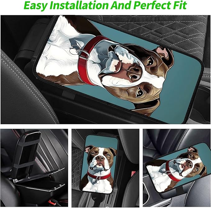 JANENFNA Car Armrest Cover Pads Universal Fashion Cute Auto Center Console Armrest Cover Pad with 2PCS Car Coasters Soft Waterproof Car Armrest Seat Protector for Women,Cute Bulldog