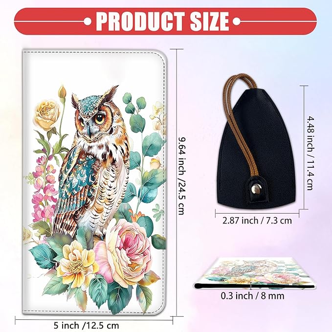 Car Registration Holder, Waterproof PU Leather Vehicle Card Document Glove Box Organizer, Women Interior Auto Accessories Case for Cards, Driver License Car Insurance Holder, Watercolor Owl + Flowers