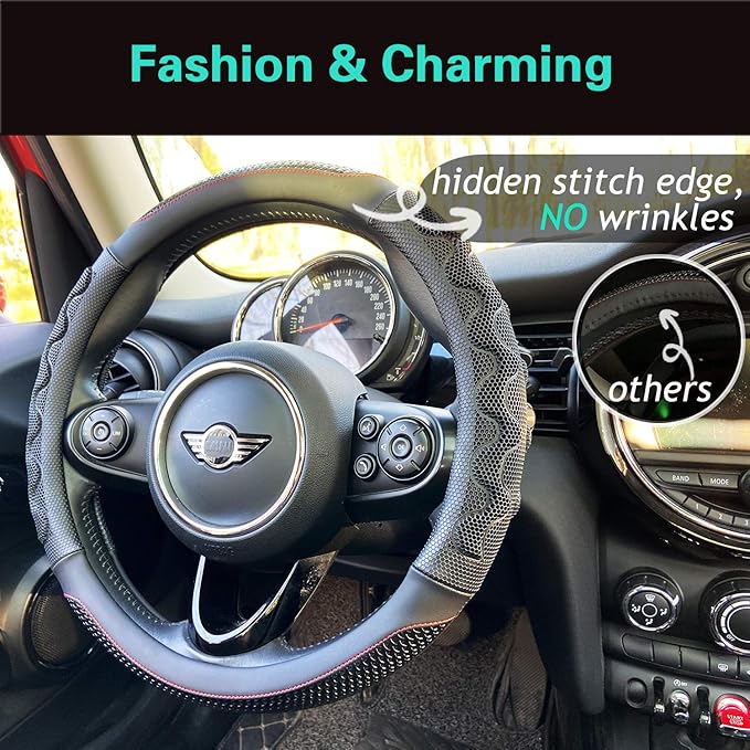 PINCTROT Small Size Steering Wheel Cover Great Grip with 3D Honeycomb Anti-Slip Design, 14 Inch (Black/Red Stitch)