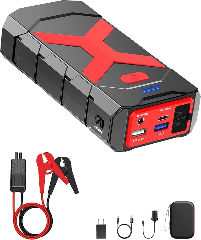 BOOKOO A9 Jump Starter 4000A for Car/Boat/Lawnmower(12L Gas/10L Diesel Engine) Portable 12V Car Battery Jump Starter with Jumper Cables,Quick Charging USB Ports and USB-C,3 LED Modes and Storage Box