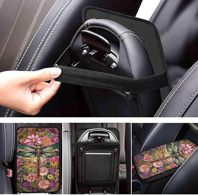 Mintutlipy Colorful Dragonflies and Flowers Car Armrest Cover Car Arm Rest Pad Car Interior Accessories for Men Women Dust Proof Car Center Console Protector