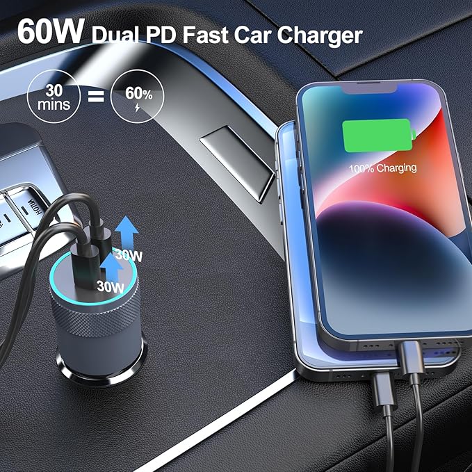 5 Pack USB C Car Charger Adapter, Aymla 60W Dual PD 3.0 Auto Cigarette Lighter Car Plug 2 Ports Type-C Fast Charging for iPhone 16 Pro Max/15 Plus, Samsung Galaxy S25 Ultra, Google Pixel 9, iPad