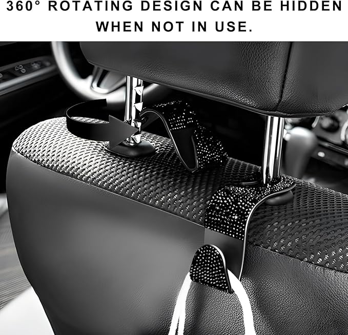 4 PCS Car Seat Headrest Hooks, Bling Crystal Rhinestone Back Seat Hanger Storage Organizer, Sparkly Seatback Holder Hooks for Purse and Bags Universal For Most Vehicles (Black)