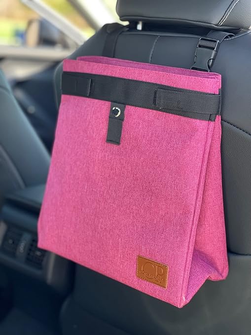 CP CLEVER PINKPHIN Car Trash Can Hanging for Headrest, Extra Large Waterproof Auto Garbage Bag Organizer, Collapsible Vehicle Waste Bin, Backseat and Side Door (Pink)