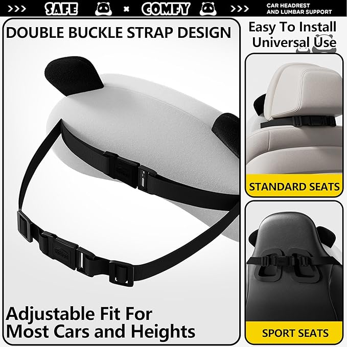Cute Panda Car Neck Pillow & Lumbar Support Memory Foam Cushion for Driving Adjustable Headrest Waist Pillow for Most Seats (Black, Headrest)