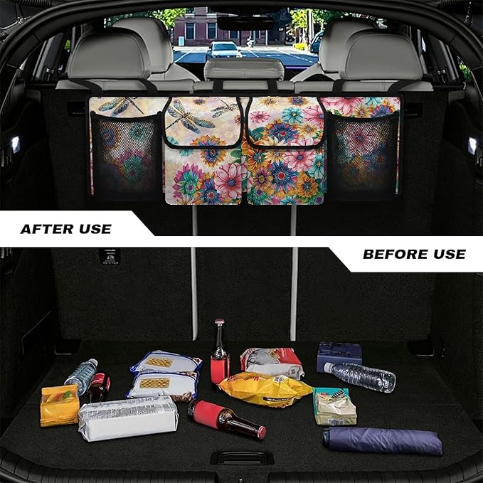 CLOHOMIN Dragonfly Car Trunk Organizer SUV Trunk Organizer Dahlia Car Backseat Storage Bag with 4 Pockets Hanging Backseat Organizer with Adjustable Straps Auto Accessories
