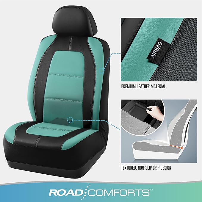 Road Comforts Car Seat Cover, Leather Car Seat Covers, Front Low Back Sport Seat Covers, Airbag Compatible, Universal Fits for Most Cars (Mint)