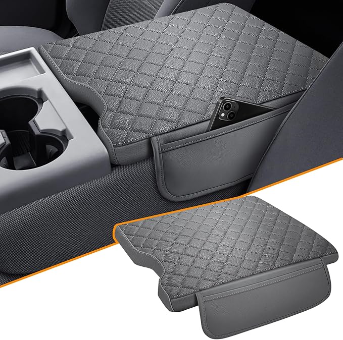 Center Console Cover Fit for Ford F150 2015-2025,2017-2025 F250 F350 F450 with 40/20/40 Jump Seat Armrest Accessories, Leather Armrest Cover Cushion with 2 Side Pockets Gray (Only Jump Seat)