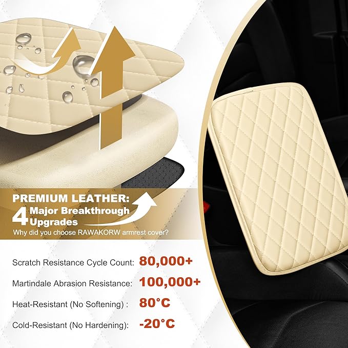 Center Console Cover for TL: Armrest Cover for Car with 2 Storage Bags - Scratch & Wear Resistant & Waterproof Leather Console Cover,Anti-Scratch Auto Armrest Pad Accessory （Beige