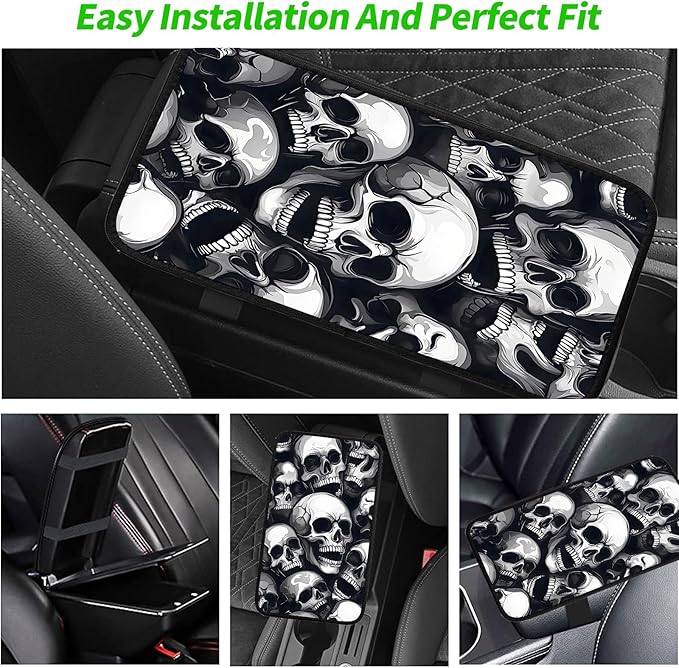 JANENFNA Car Armrest Cover Pads Universal Fashion Cute Auto Center Console Armrest Cover Pad with 2PCS Car Coasters Soft Waterproof Car Armrest Seat Protector for Women,Pile of Skulls