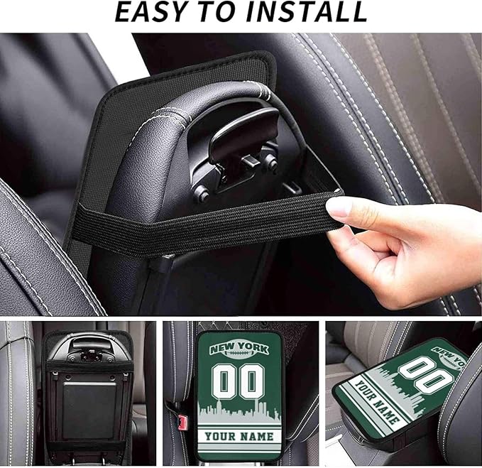 Custom New York J Car Armrest Covers Personalized Football Style with Name Number Customized Auto Center Console Pad Car Handrail Box Cushion for Most Vehicle Decor Accessories, Fans Gift