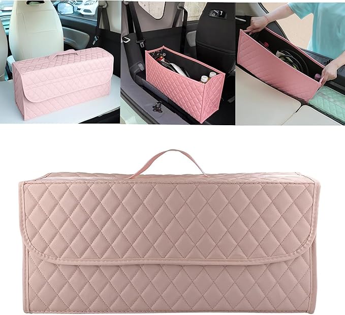Trunk Organizer for Car,Foldable Car Organizer Back Seat,Tool Storage Organizer for Suv,Car Trunk Organizer and Storage for Sedan (Leather-Pink, 19.9 inch*9.5 inch)