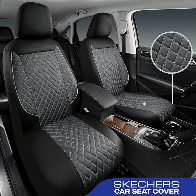Skechers Car Seat Covers,Piping Luxury Faux Seat Covers,Waterproof Anti Slip Car Seat Protector Full Set,Car Accessories Airbag Universal Fit for Most Cars,Vans,Trucks,SUV,Gray