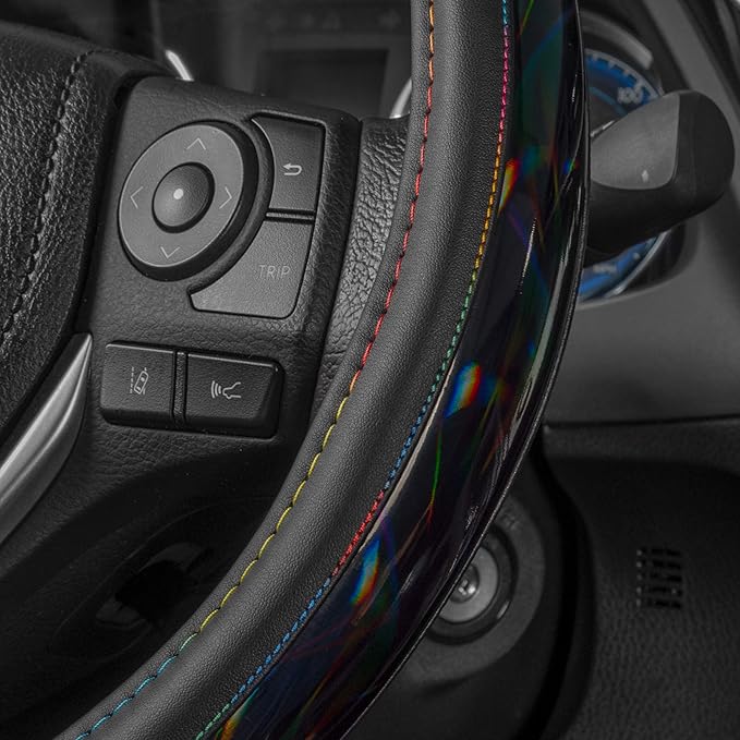 BDK Cute Iridescent Black Steering Wheel Cover for Women, Standard 15 inch Size, Sparkle Faux Leather Car Steering Wheel Cover for Truck Van SUV Auto
