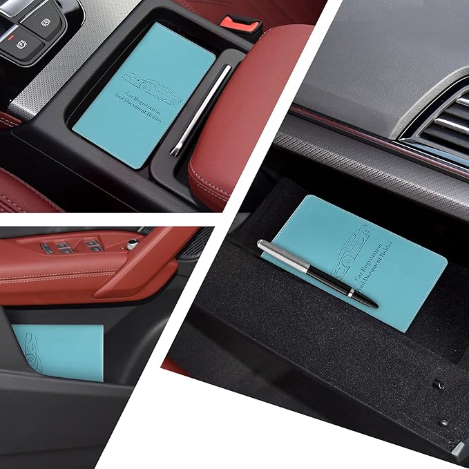 Peisicne Car Registration and Insurance Card Holder for Women Men, Blue Glove Box Paperwork Organizer with Magnetic Buckle for Easy Access and Protect Documents and Various Cards in Vehicle