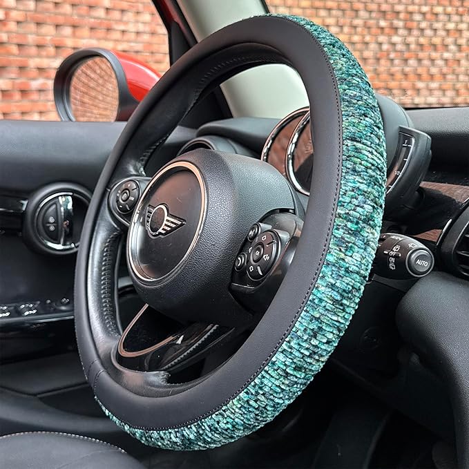 PINCTROT Large Size Chenille Leather Steering Wheel Cover, Soft Mottled Colors, Sweat-Proof, Non-Slip Grip, All-Season Comfort, 15.5-15.75 Inch(Mottled Teal)