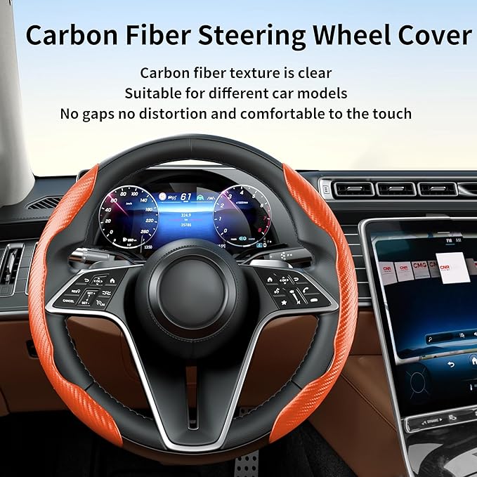 LevChall Carbon Fiber Steering Wheel Cover, 2-Piece Set Anti-Skid Comfortable Grip Segmented Butterfly Design, Easy Snap-On Installation Universal Fit 99% Cars, Orange