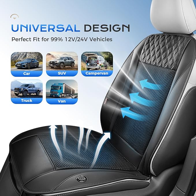 Coverado Cooling Car Seat Cover with High-Velocity Turbo Fan, Powerful Blowing & Suction Pad, 12V-24V Ventilated Cushion, 3-Speed Adjustable Airflow, Universal Fit for Car SUV Truck Van（Black）