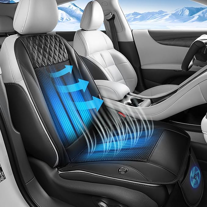 Coverado Cooling Car Seat Cover with High-Velocity Turbo Fan, Powerful Blowing & Suction Pad, 12V-24V Ventilated Cushion, 3-Speed Adjustable Airflow, Universal Fit for Car SUV Truck Van（Black）