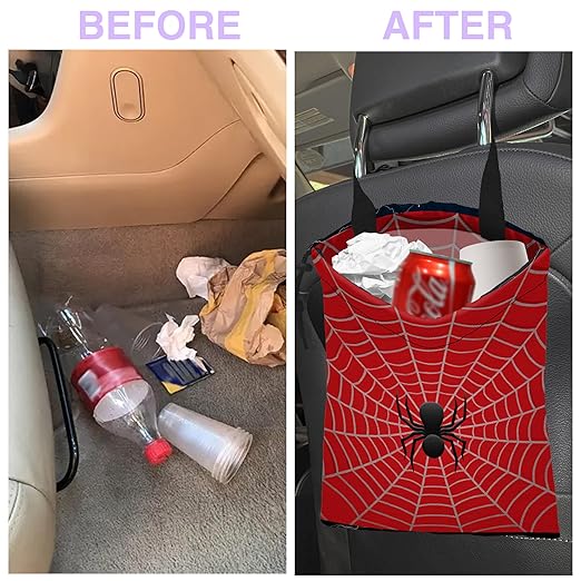 UUCBTAH Car Trash Bag Spider Web Car Garbage Bag Waterproof Car Trash Can for Back Seat with Adjustable Straps and Drawstring, Foldable Car Trash Bin for Car Accessories Vehicle Travelling Camping