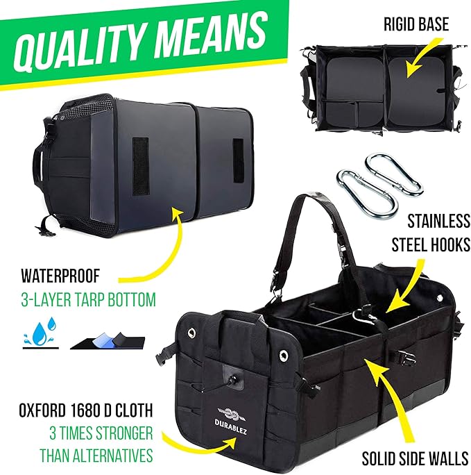 DURABLEZ 3-Section Car Trunk Organizer XL – Large Modular Auto Storage Bin, Foldable Multi-Compartment Cargo Organizer for Car Trunk, Heavy Duty 1680D Design – Black