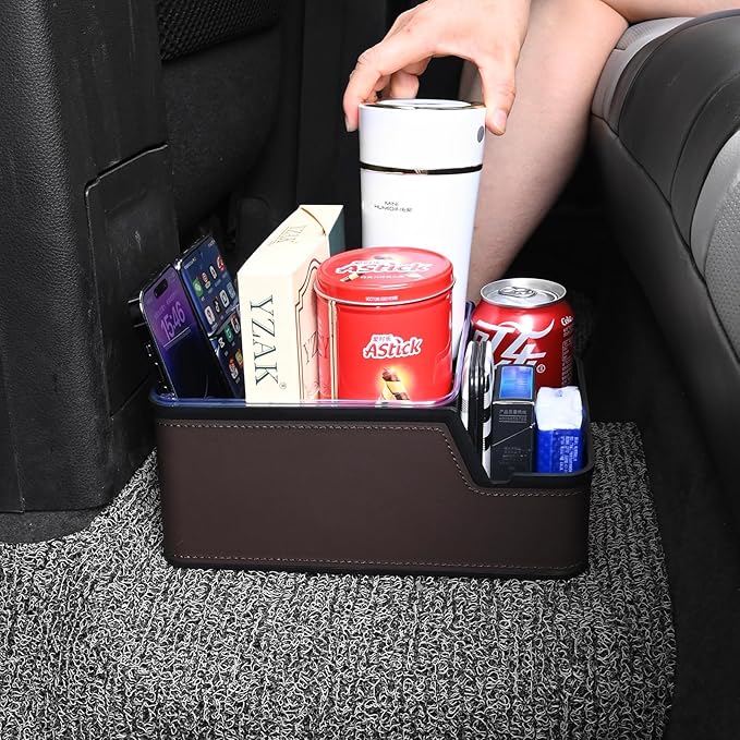 Car Seat Organizer with Phone Holder,Armrest Cup Holder Tray Truck Organizer & Storage Front Seat Organizer Small Car Caddy fit for Car SUVs Pickup Truck Van(Brown)