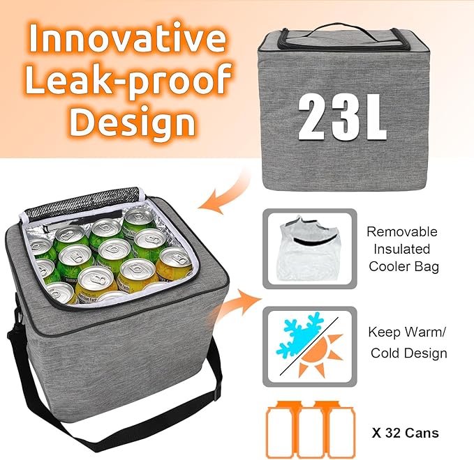 EAROND Collapsible Trunk Organizer with Insulated Leakproof Cooler Bag,Removable Lid,Adjustable Securing Straps,3 Compartments Trunk Organizer for SUV,Truck,Sedan(Light Grey)