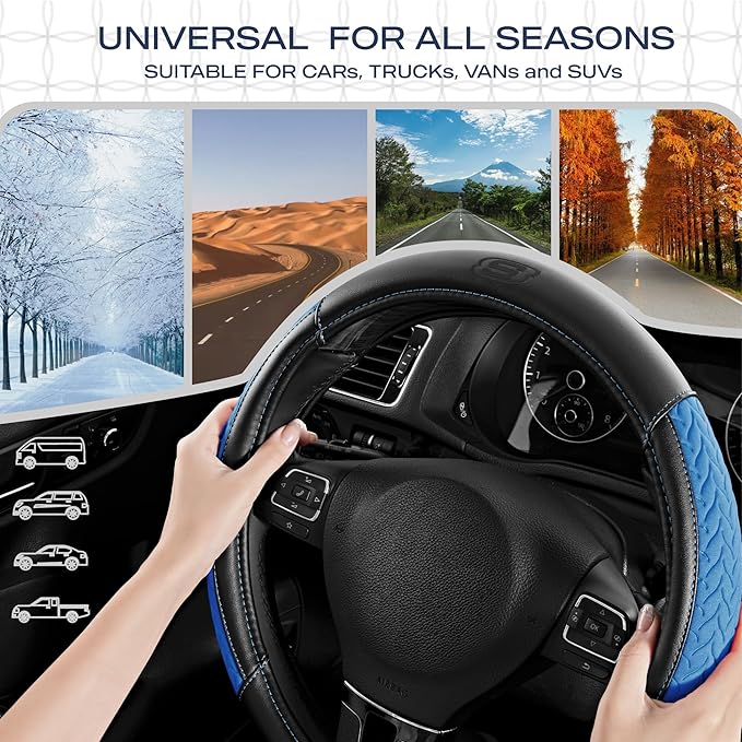 Skechers Steering Wheel Cover,Max Cushioning Leather Steering Wheel Cover Universal Fit 14" 1/2-15" Car Wheel Protector for Men Women Fit Suvs,Vans,Sedans,Car,Trucks,Blue
