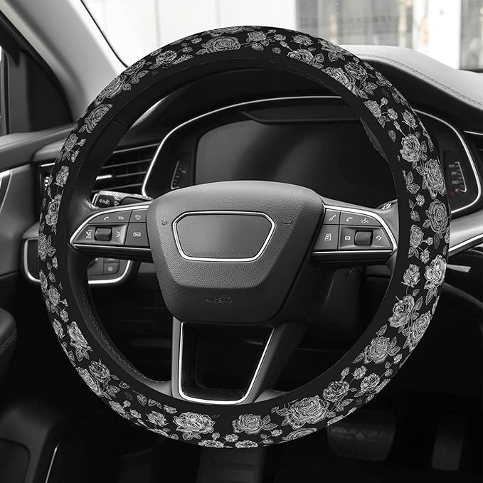 Cute Steering Wheel Cover for Women, Machine Washable Universal 14.5-15.5 inch Non-Slip Grip All Weather Use (Black White Rose)