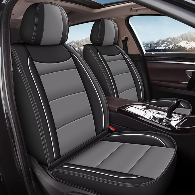 YORKNEIC Seat Covers Fit for VW/Volkswagen Atlas 2018-2025: 2 Front Leather Car Seat Covers - Waterproof Car Seat Protector Compatible Airbag (2 Front Set, Black & Grey)