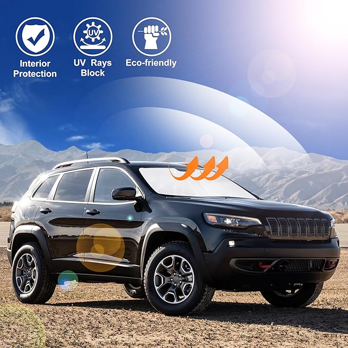 Windshield Sun Shade Foldable Sunshade Protector Custom Fit Jeep Cherokee 2014-2024 2025 Trailhawk,Overland, Limited, Latitude, Altitude Accessories (Not for Jeep Grand Cherokee)